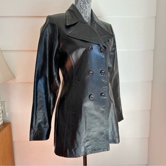 Vintage Black Leather Double Breasted Coat by bebe Size L - Picture 6 of 16